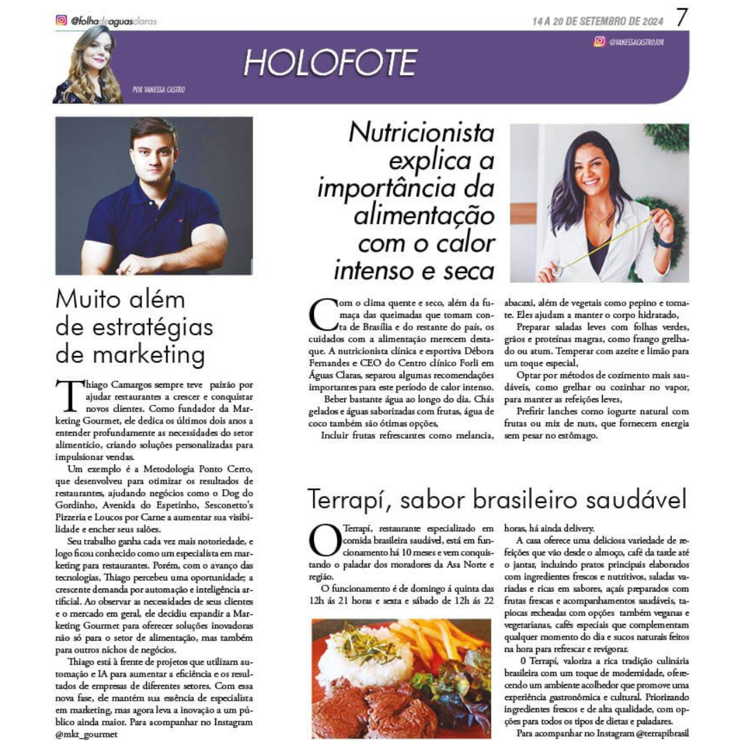Página da Folha de Águas Claras destacando o trabalho de Thiago Camargos e da Marketing Gourmet